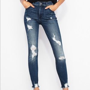 High Waisted Denim Perfect Ripped Ankle Leggings